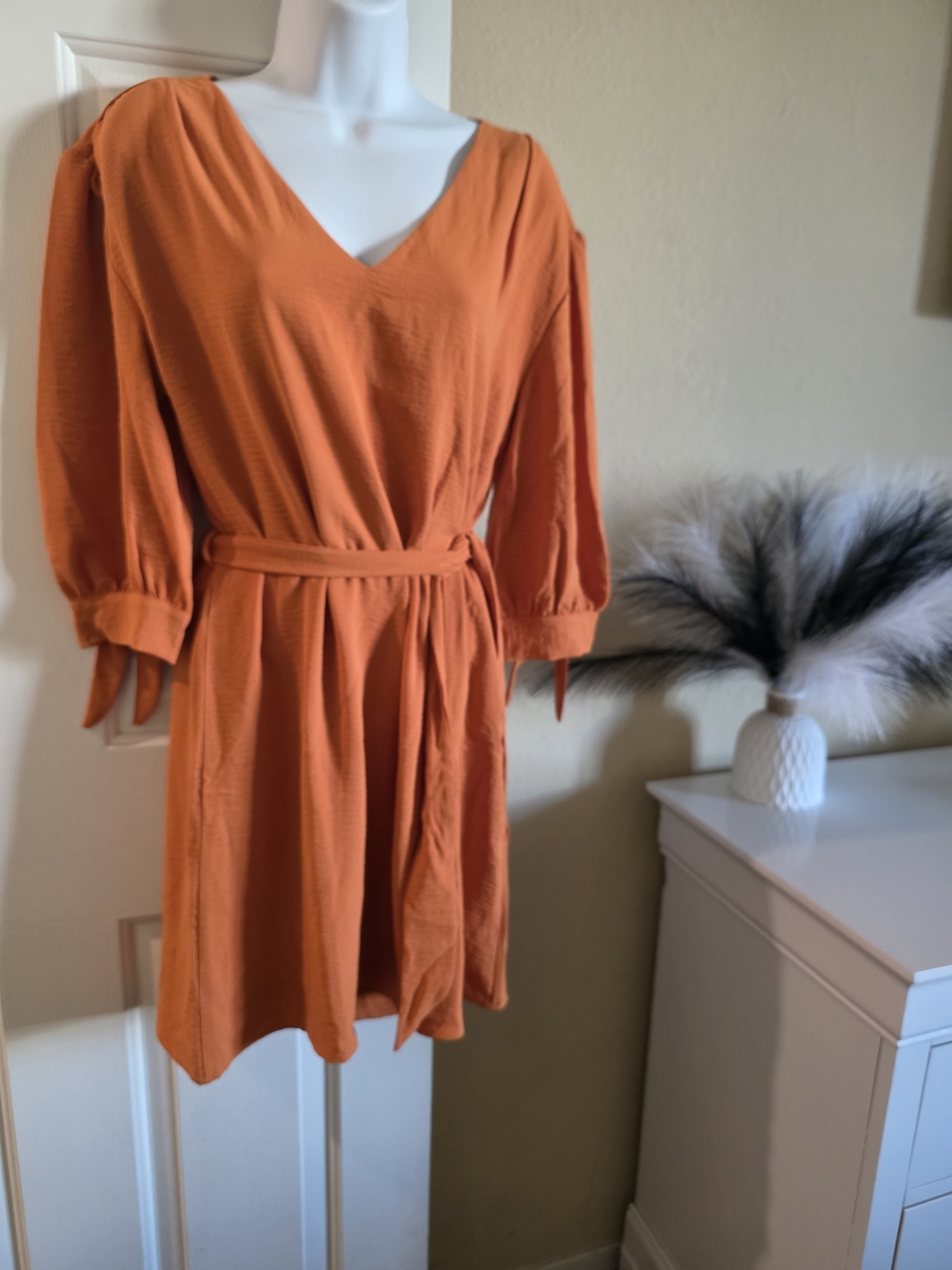 V-Neck Midi Dress with Self-Tie Belt in Vibrant Orange